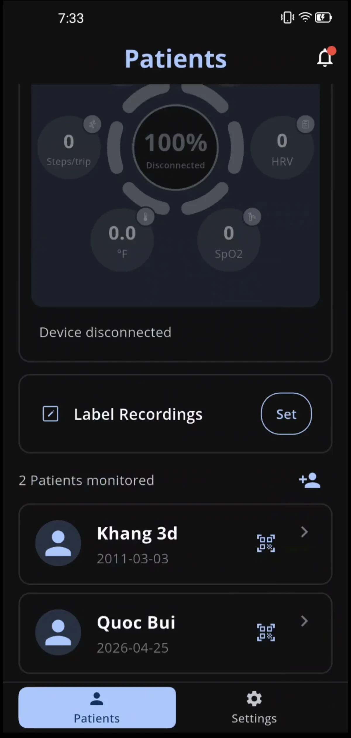 Caregiver dashboard listing monitored patients