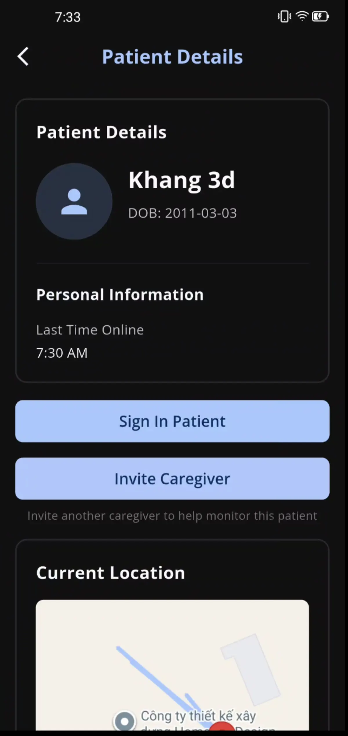 Per-patient detail view in the caregiver app